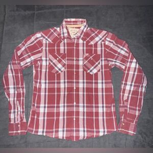 Hollister Red and White Button Up Long Sleeve Plaid Men's Shirt Y2K Size XL